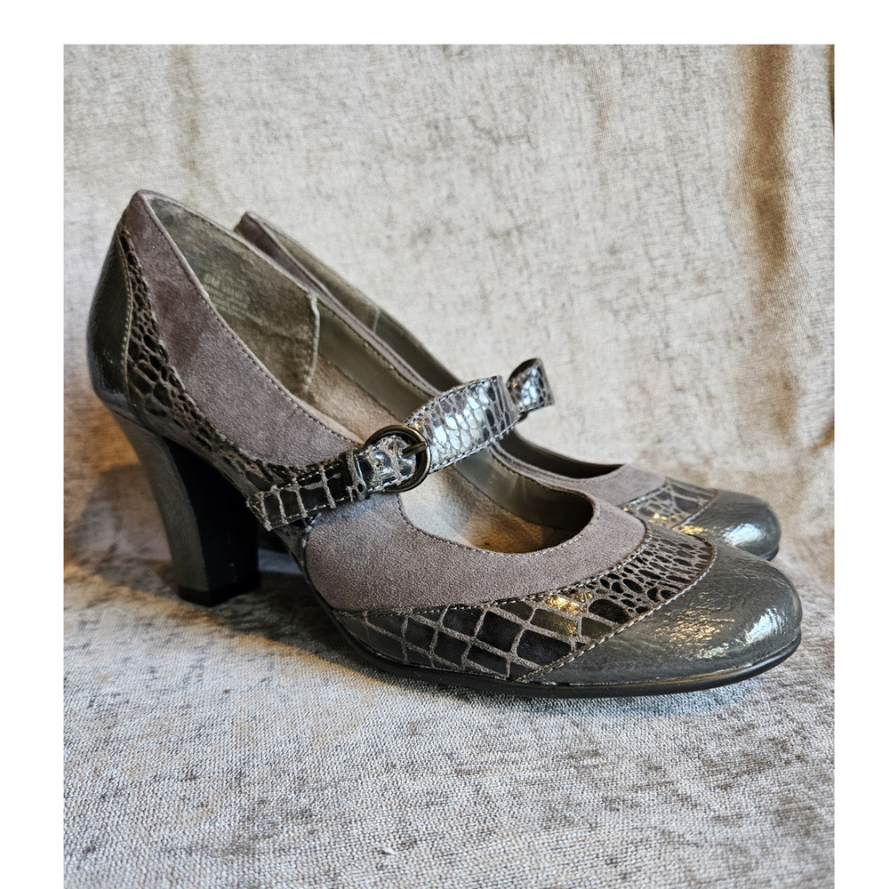 Aerosoles Women’s Gray Animal Print Mary Jane Block Heel, Buckle, US 8